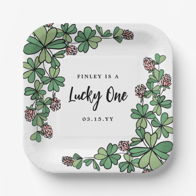 Clovers Lucky One Girl First Birthday Paper Plate (Front)