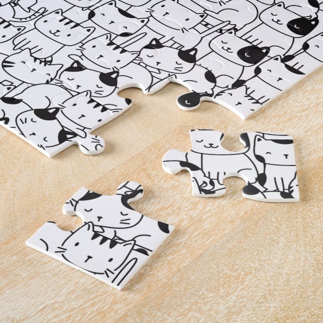 Clowder of Cats - Cute Pattern in Black White Jigsaw Puzzle (Side)