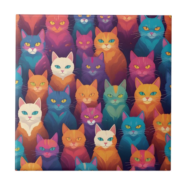 Clowder of colorful cats tile (Front)