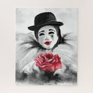 Clown and Rose - Romantic Black and White Painting Jigsaw Puzzle