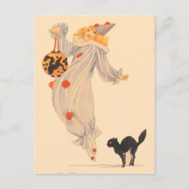Clown Black Cat Costume Trick Or Treat Postcard (Front)