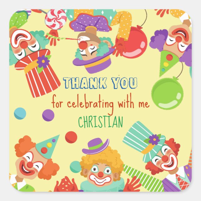 Clown circus birthday party personalised name square sticker (Front)