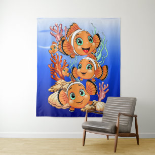 Clown fish Cartoon cute Family Underwater Tapestry