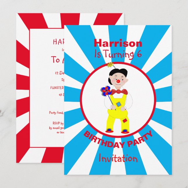 Clown Fun Kids Birthday Party Personalised Invitation (Front/Back)