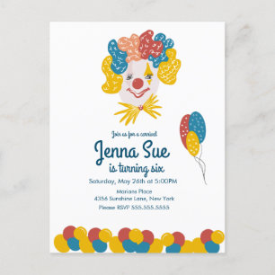 Clown Hand Drawn Carnival Birthday Colourful Invit Postcard