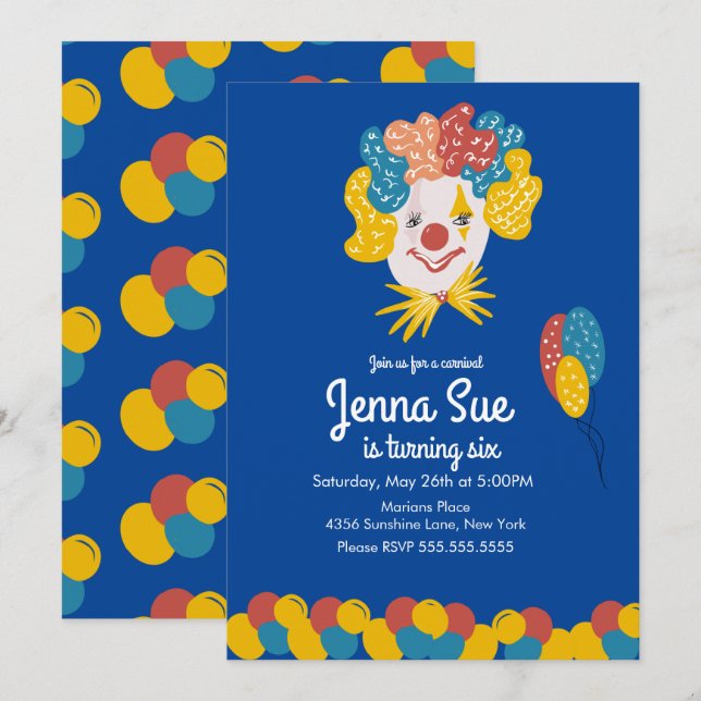 Clown Hand Drawn Carnival Birthday Invitation (Front/Back)
