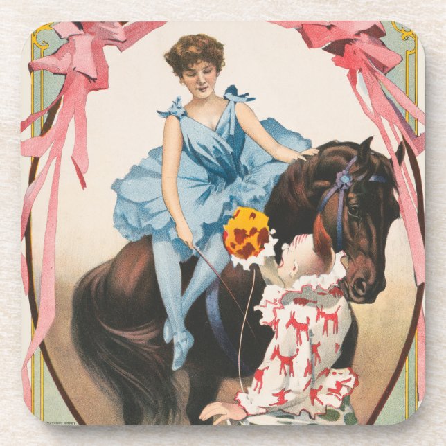 Clown Handing Flowers To A Woman On Horseback Coaster (Front)