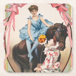 Clown Handing Flowers To A Woman On Horseback Square Paper Coaster