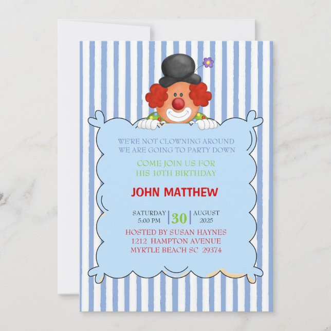 Clown Holding Sign Birthday Party Invitation (Front)