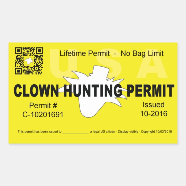 Clown Hunting Permit (4x) (Yellow) Rectangular Sticker (Front)