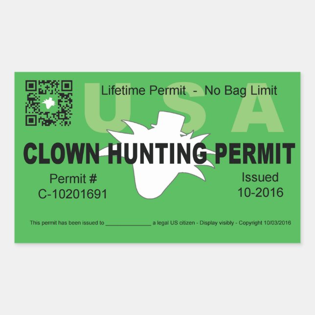 Clown Hunting Permit (Green) (4x) Rectangular Sticker (Front)