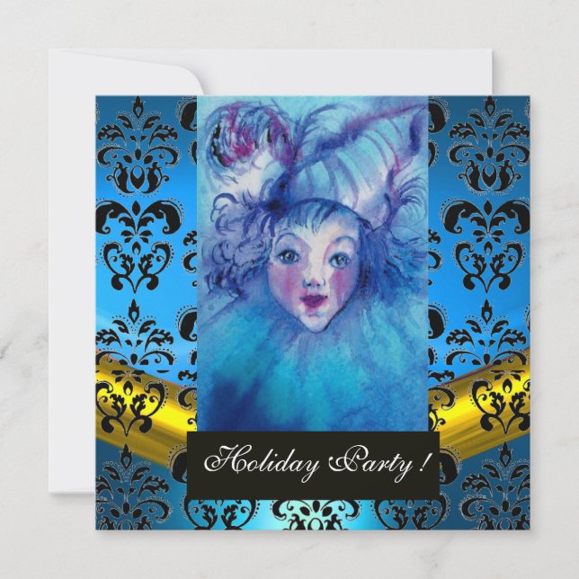 CLOWN IN BLUE,BLACK GOLD DAMASK MONOGRAM ,Sapphire Invitation (Front)
