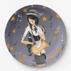 Clown Saxophonist  Golden Leaves  Paper Plate