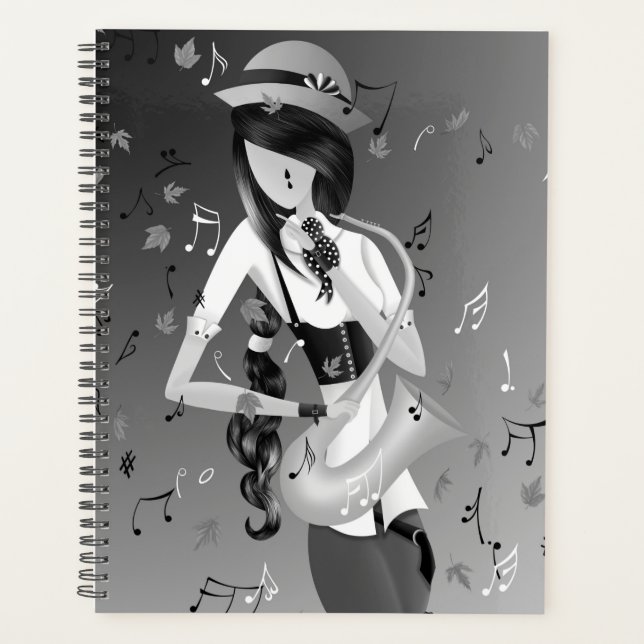 Clown Saxophonist Grey Monochrome  Planner (Front)