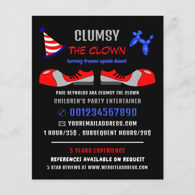 Clown Shoes, Kids Entertainer, Clown Advertising Flyer (Front)
