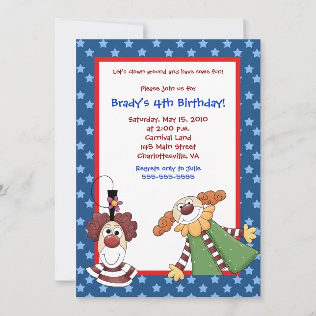 Clown Town Carnival Birthday Invitation 5x7 (Front)