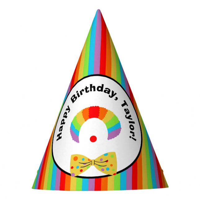 Clown with Rainbow Wig Personalised Birthday Party Hat (Front)