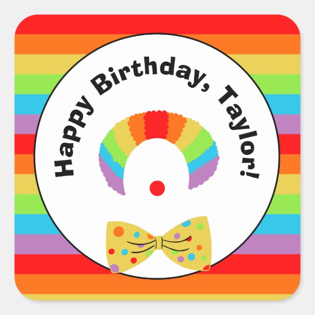 Clown with Rainbow Wig Personalised Birthday Party Square Sticker (Front)