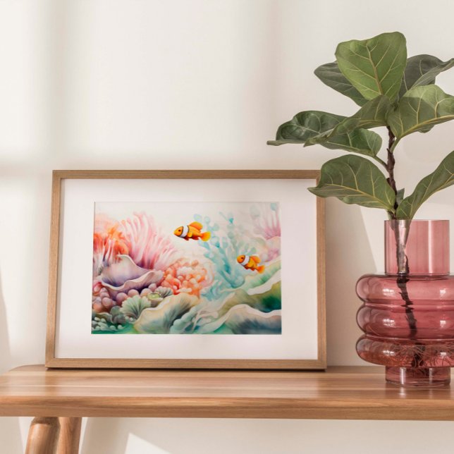 Clownfish Harmony: Watercolor Anemone Reef Print (Two clownfish gracefully swimming amidst a vibrant sea anemone reef in light, muted tones.)