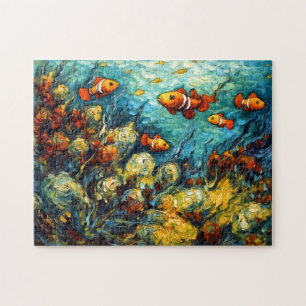 Clownfish in Swirling Coral Reef Painting Jigsaw Puzzle