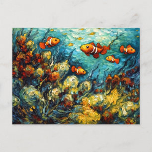 Clownfish in Swirling Coral Reef Painting Postcard