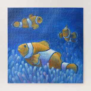Clownfish Trio hand painted in acrylic art print Jigsaw Puzzle