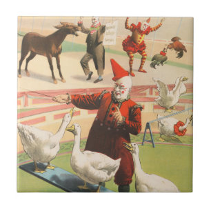Clowns With Performing Geese, Roosters, & Donkey. Tile