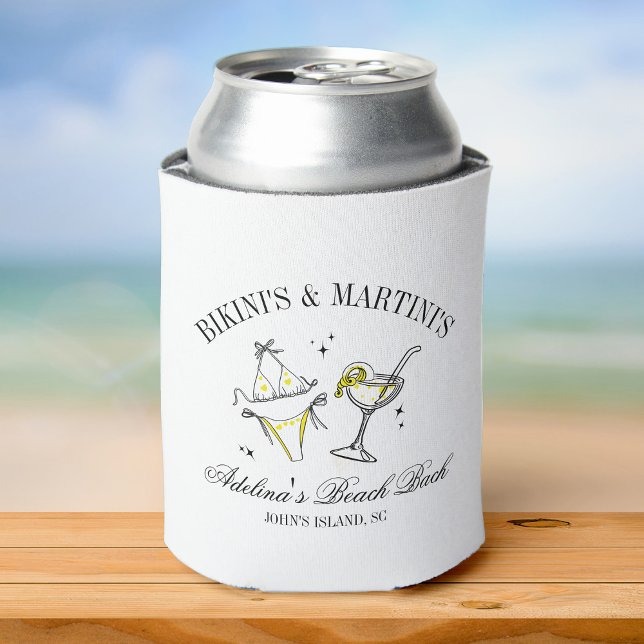 Club Bachelorette Party Favour Beach Bridal Custom Can Cooler (A can cooler with "Bikini's & Martinis" + custom info text + illustrations of a bikini + a cocktail)