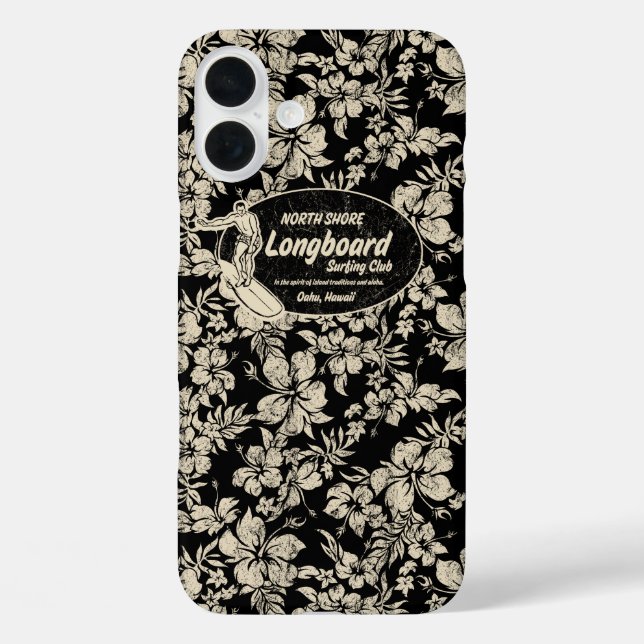 Club Surfing Longboard Hibiscus Hawaiian Black Case-Mate iPhone Case (Back)