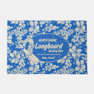 Club Surfing Longboard Logo and Hibiscus Blue Doormat
