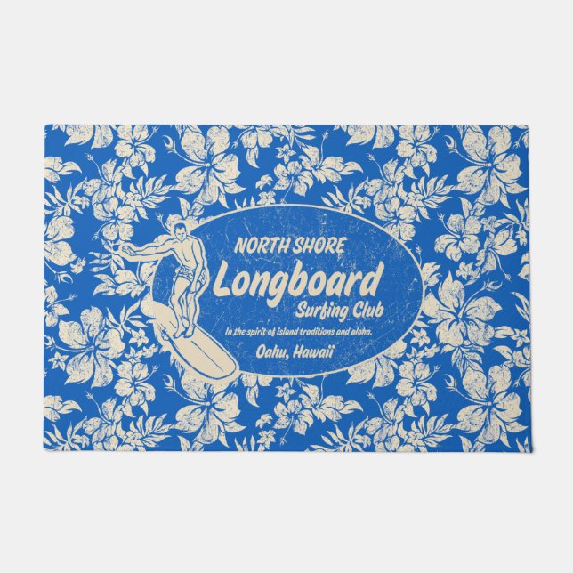 Club Surfing Longboard Logo and Hibiscus Blue Doormat (Front)