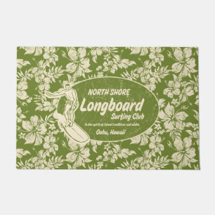 Club Surfing Longboard Logo and Hibiscus Green Doormat