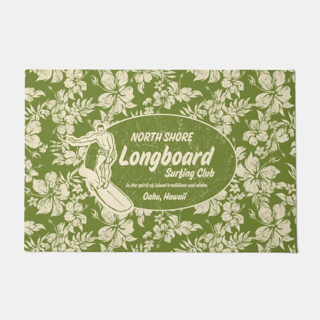 Club Surfing Longboard Logo and Hibiscus Green Doormat (Front)