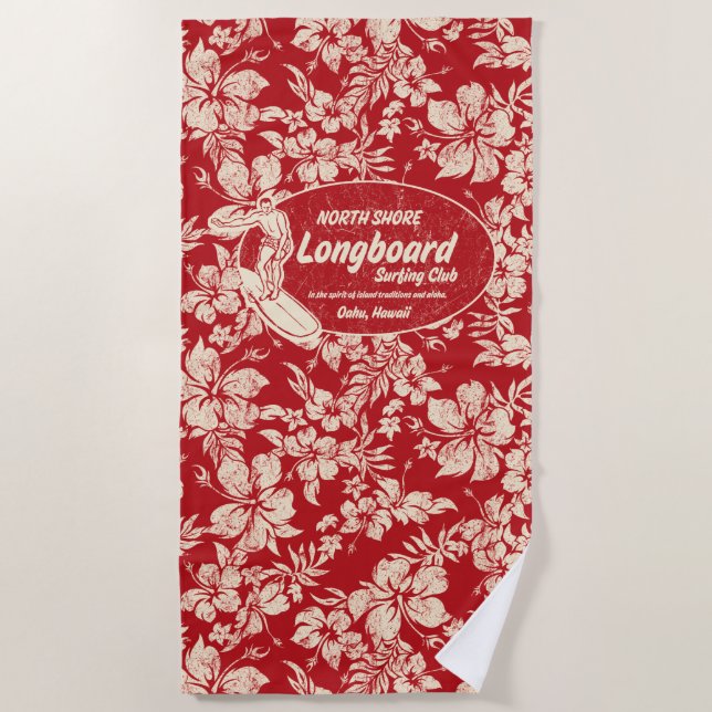 Club Surfing Longboard Logo Hibiscus Aloha- Red Beach Towel (Front)