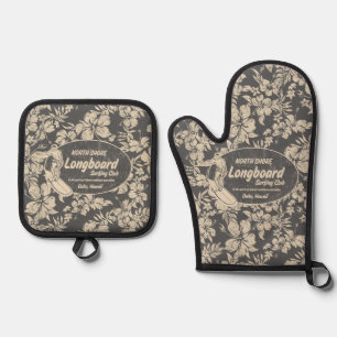 Club Surfing Longboard Logo Hibiscus Hawaiian Grey Oven Mitt & Pot Holder Set