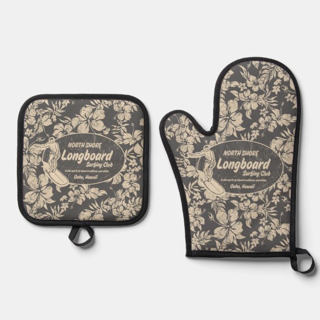 Club Surfing Longboard Logo Hibiscus Hawaiian Grey Oven Mitt & Pot Holder Set (Front)