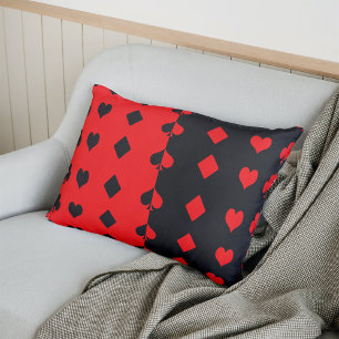 Clubs, spades, hearts, diamonds - red and black decorative cushion