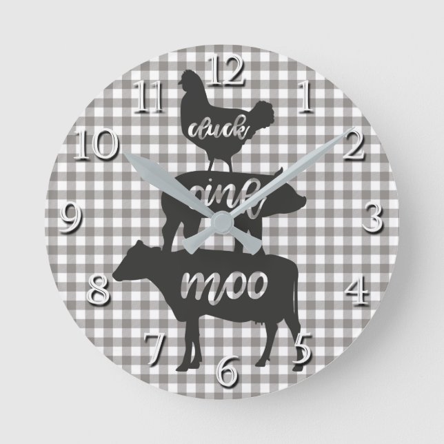Cluck Oink Moo Chicken Cow Pig Farmhouse Kitchen Round Clock (Front)