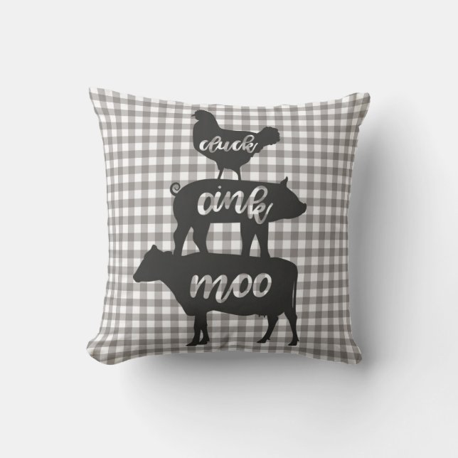 Cluck Oink Moo Chicken Cow Pig Farmhouse Plaid Cushion (Front)