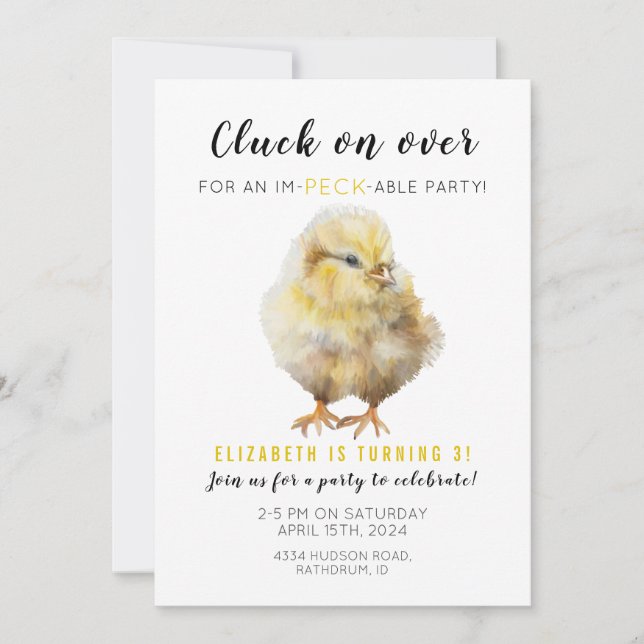 Cluck on over for an Im-peck-able birthday party Invitation (Front)