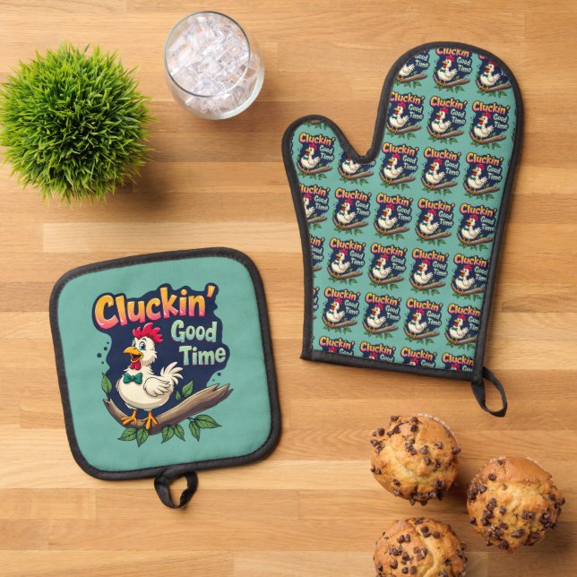 Cluckin' Good Time Funny Chicken Illustration Oven Mitt & Pot Holder Set (Top Down)