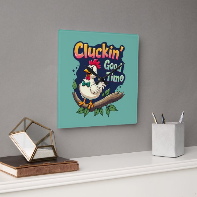 Cluckin' Good Time Funny Chicken Illustration Square Wall Clock (Office)
