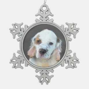Clumber Spaniel Painting - Cute Original Dog Art Snowflake Pewter Christmas Ornament