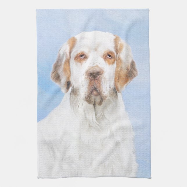 Clumber Spaniel Painting - Cute Original Dog Art Tea Towel (Vertical)