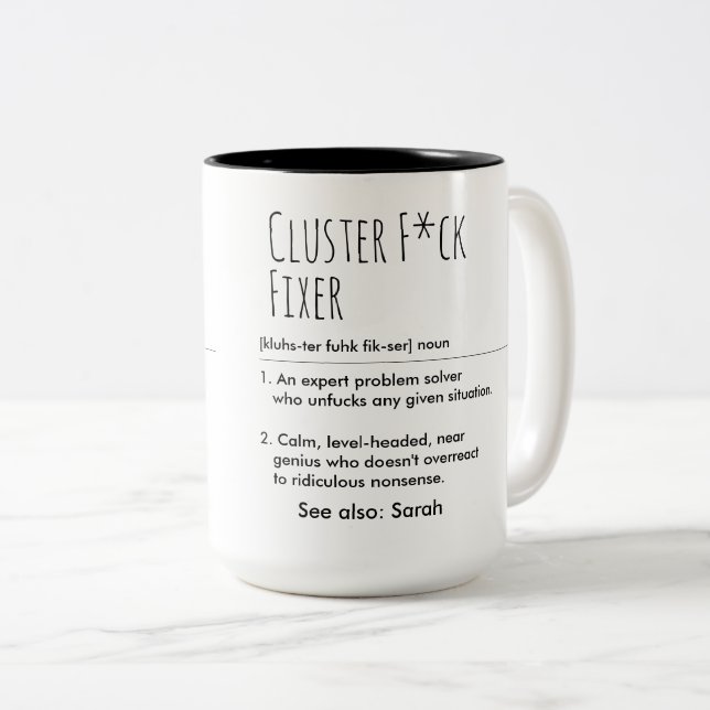 Cluster F*ck Fixer Funny Definition Custom Name Two-Tone Coffee Mug (Front Right)