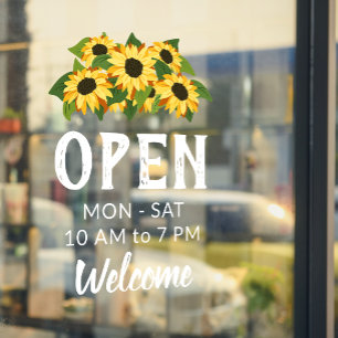 Cluster of Bright Sunflowers Open Hours Welcome Window Cling