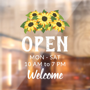 Cluster of Bright Sunflowers Open Hours Welcome Window Cling