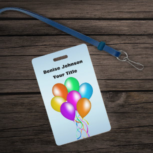 Cluster of Colourful Balloons Matching Ribbon Blue ID Badge
