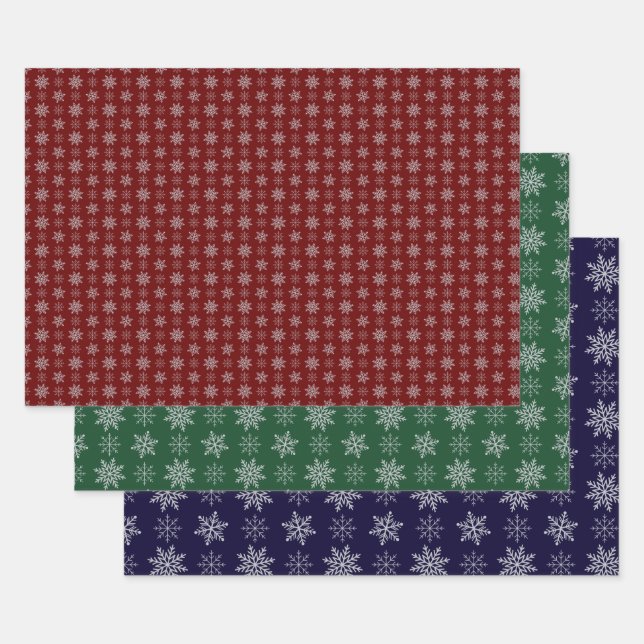 Cluster of Snowflakes on Deep Red, Green and Blue Wrapping Paper Sheet (Set)