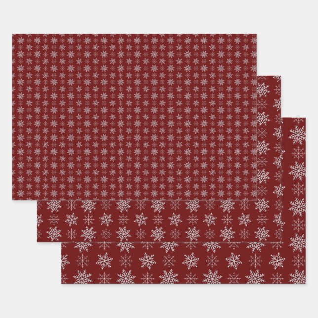 Cluster of Snowflakes on Deep Red Wrapping Paper Sheet (Set)